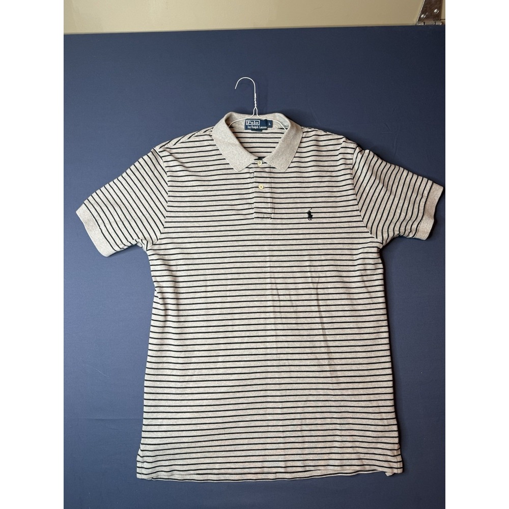 Vintage Polo Ralph Lauren Mens Large Gray Black Striped Cotton Polo Shirt Pony